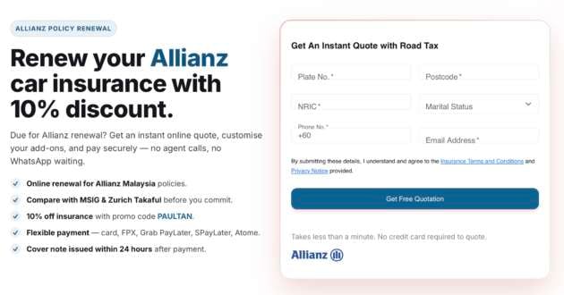 Renew your Allianz car insurance online in minutes — and get 10% off with promo PAULTAN